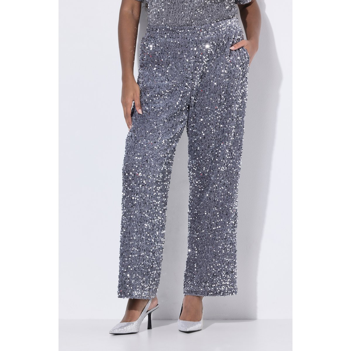 Pantalon de costume en velours à paillettes argent, ULLA POPKEN