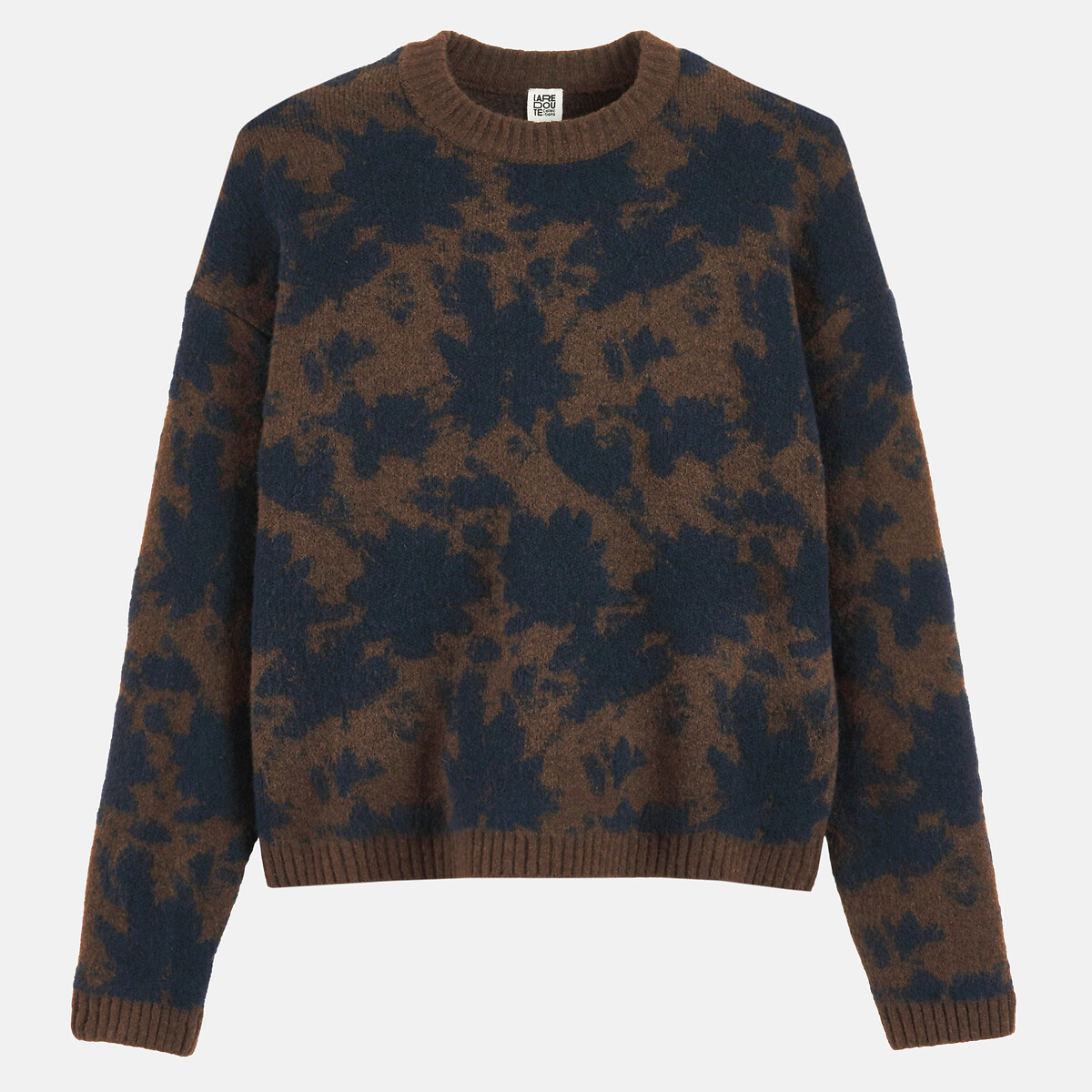Pull col rond, en jacquard floral marron foncé/imprimé, LA REDOUTE COLLECTIONS