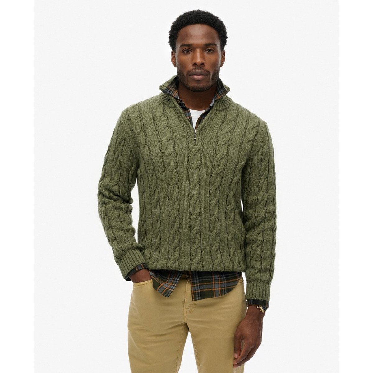Pull torsadé à col zippé Jacob vert mousse, SUPERDRY