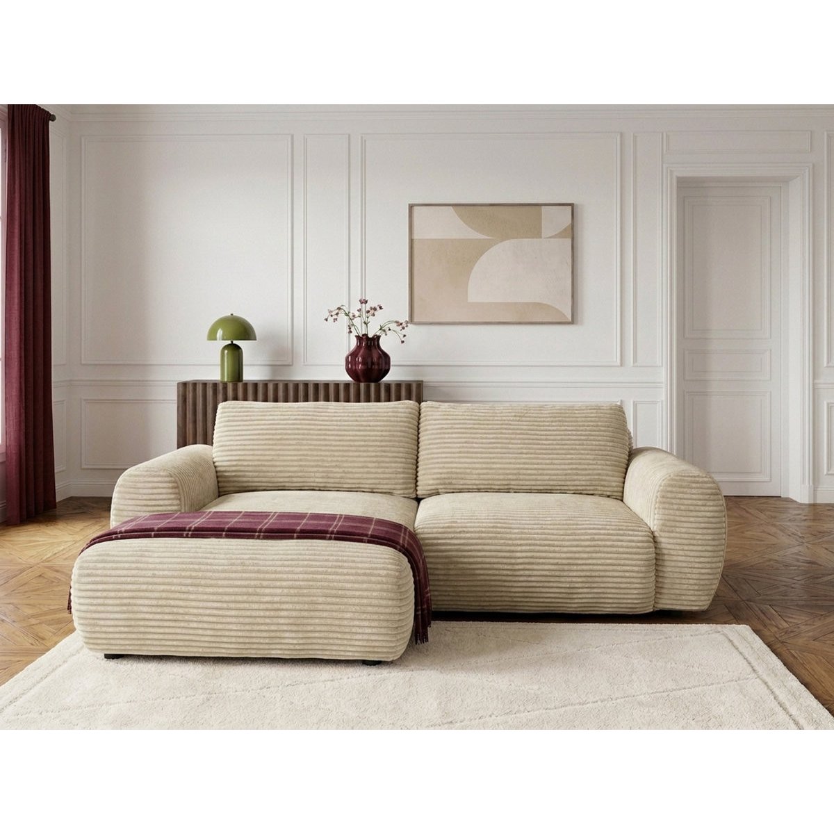 Canapé d'angle convertible 2,5 places en gros côtelé doux, LUCIEN beige, BOBOCHIC