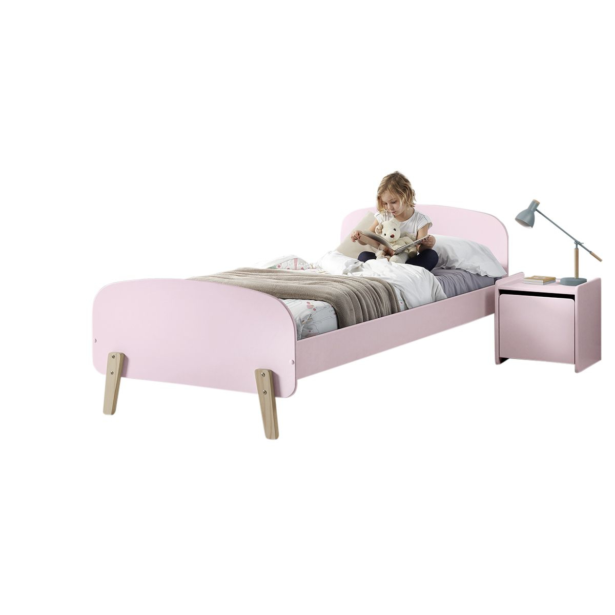 KIDDY Lit simple en laque et brut et sommier + Chevet enfant laque porte couleur unique, VIPACK