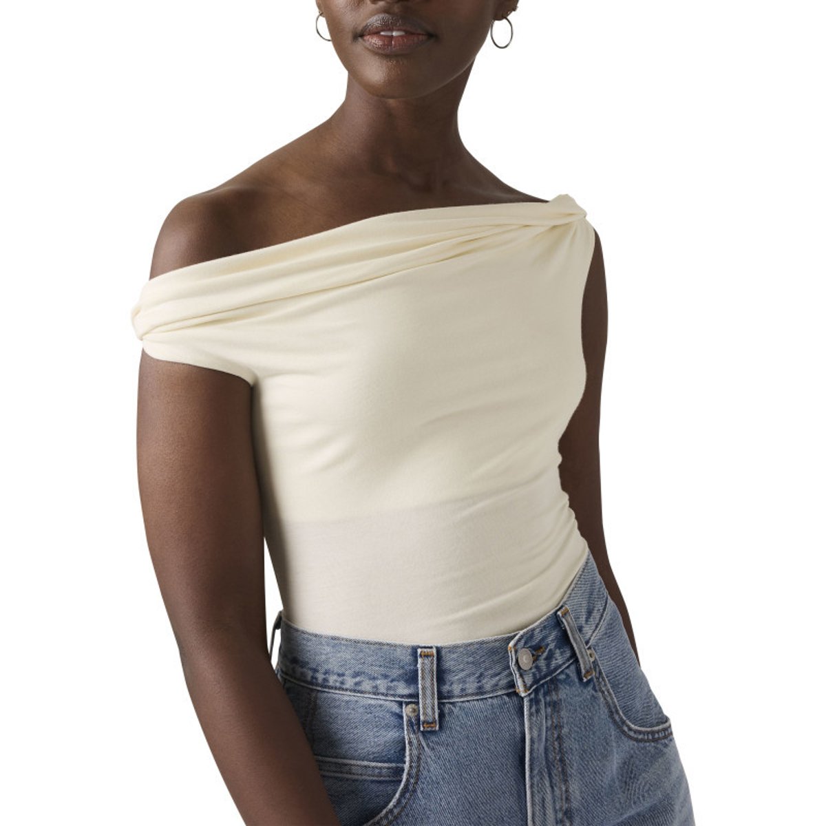 Débardeur écru uni avec une coupe ajustée et un col bateau drapé beige, LEVI'S