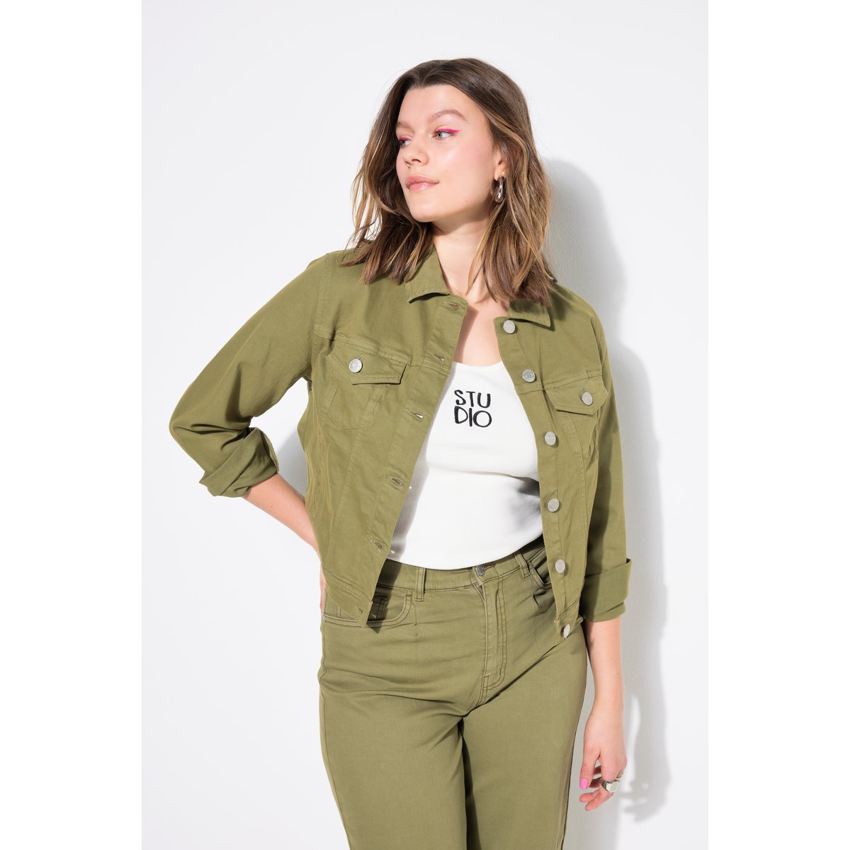 Veste en jean 4 poches, tissu sergé vert mousse, STUDIO UNTOLD