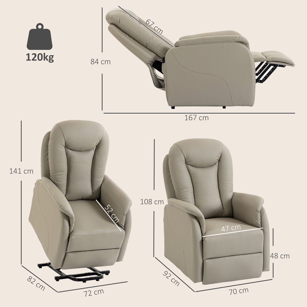 Fauteuil releveur multifonctionnel PU Gris gris clair, HOMCOM