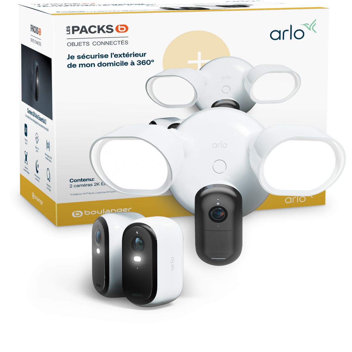 Caméra de surveillance 2 caméras Essential 3 2K + 1 floodlight couleur unique, ARLO