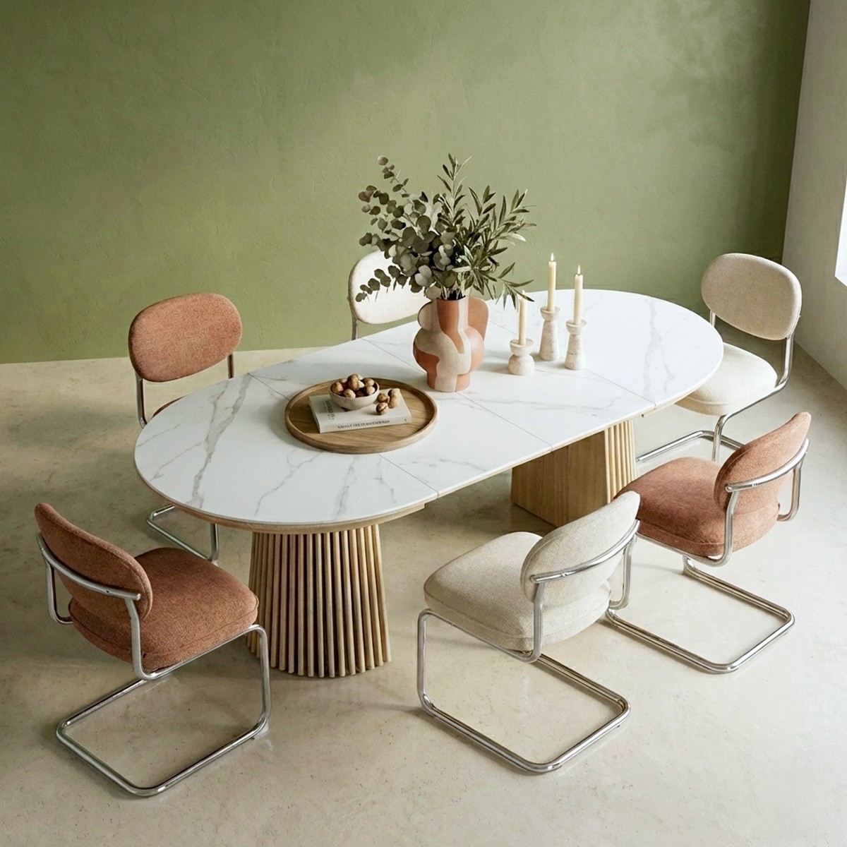 Table à manger ronde extensible en céramique bicolore 6/8 places - ADA marbre et bois clair, HOMIFAB