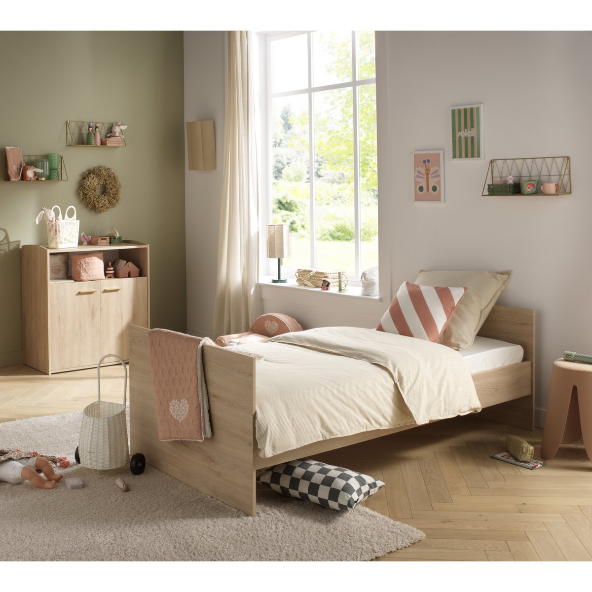 Chambre bébé duo: Lit bébé 60x120 évolutif et commode à langer 2 portes décor bois hêtre marron, SAUTHON