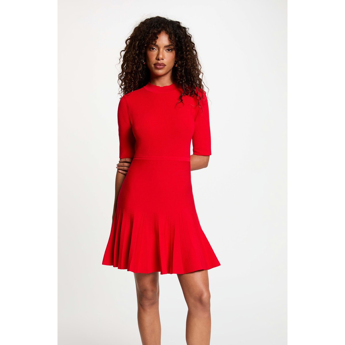 Robe tricot plissée rouge, MORGAN
