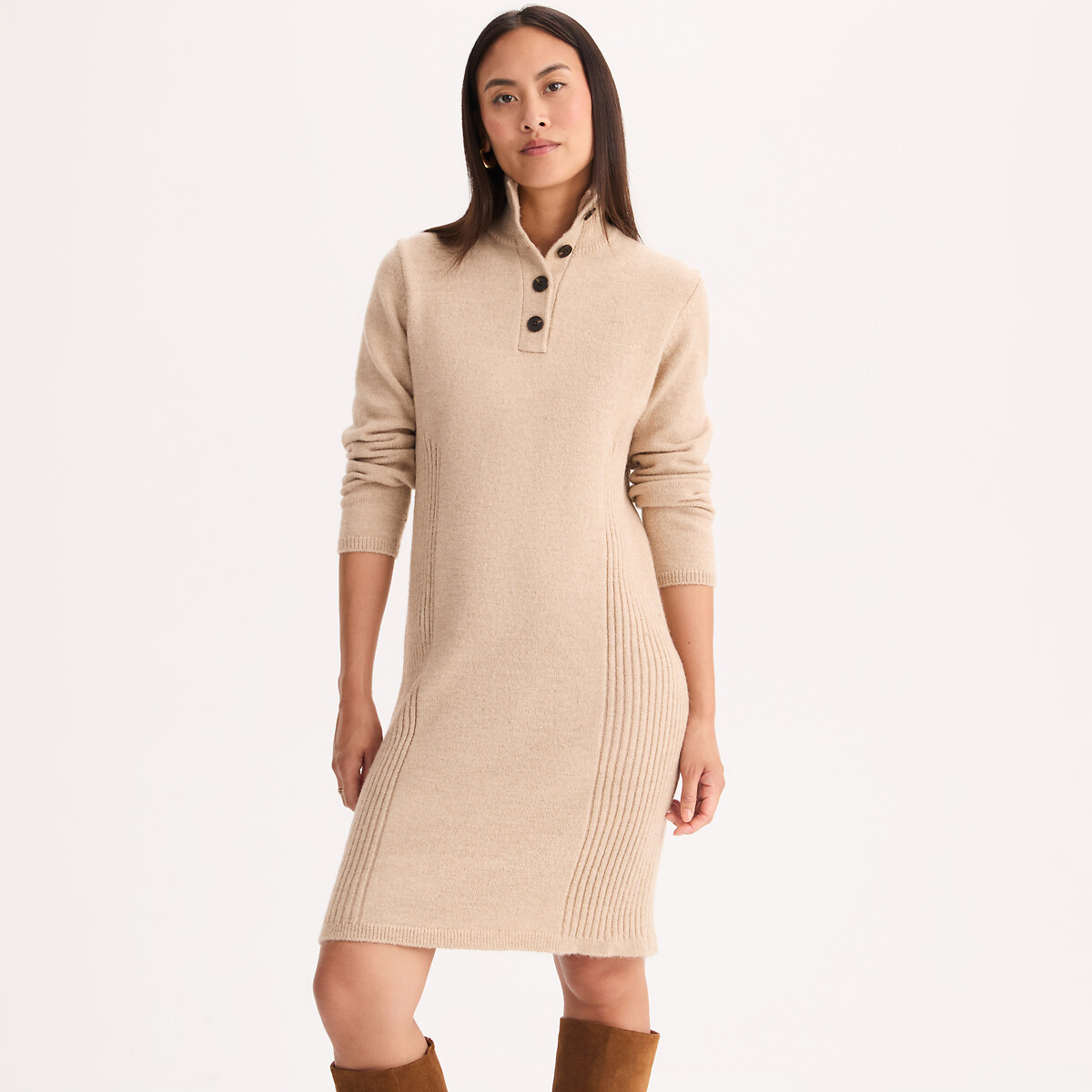 Robe pull à col montant, longueur genou beige chiné, ANNE WEYBURN