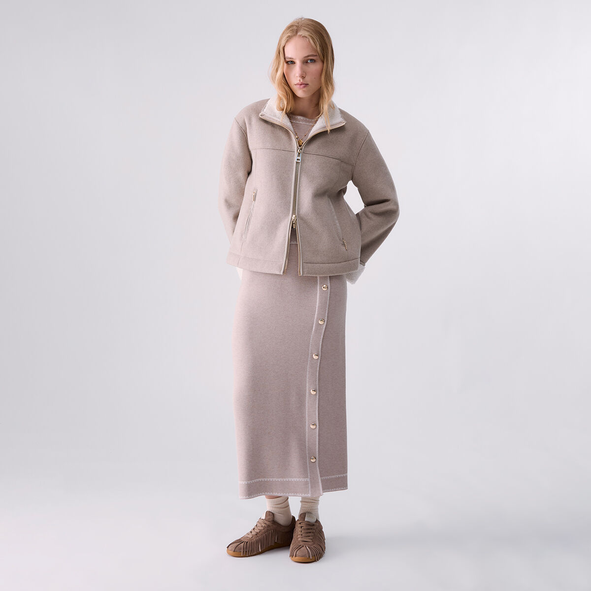 Manteau boxy en mouton synthétique beige, LIU JO