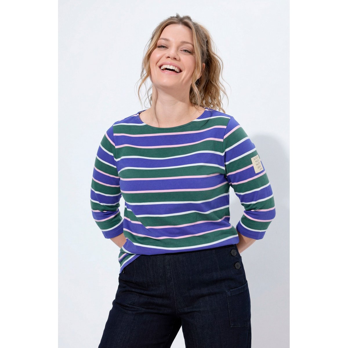 T-shirt rayé en coton bio, encolure bateau bleu clair brillant, ULLA POPKEN
