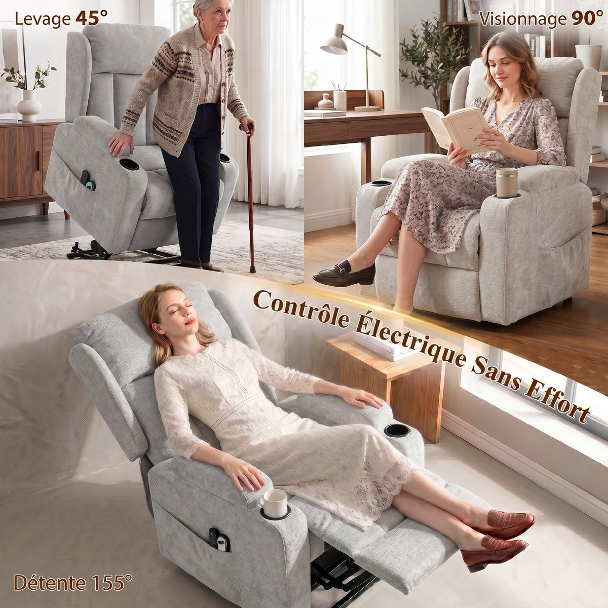 Fauteuil releveur multifonctionnel Chenille gris clair, HOMCOM