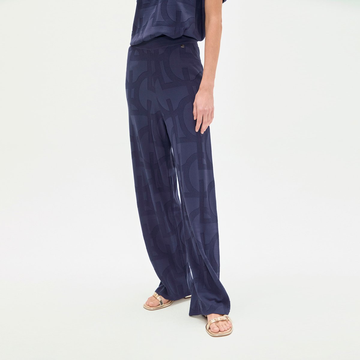 Pantalon large en maille jacquard bleu marine, LOLA CASADEMUNT