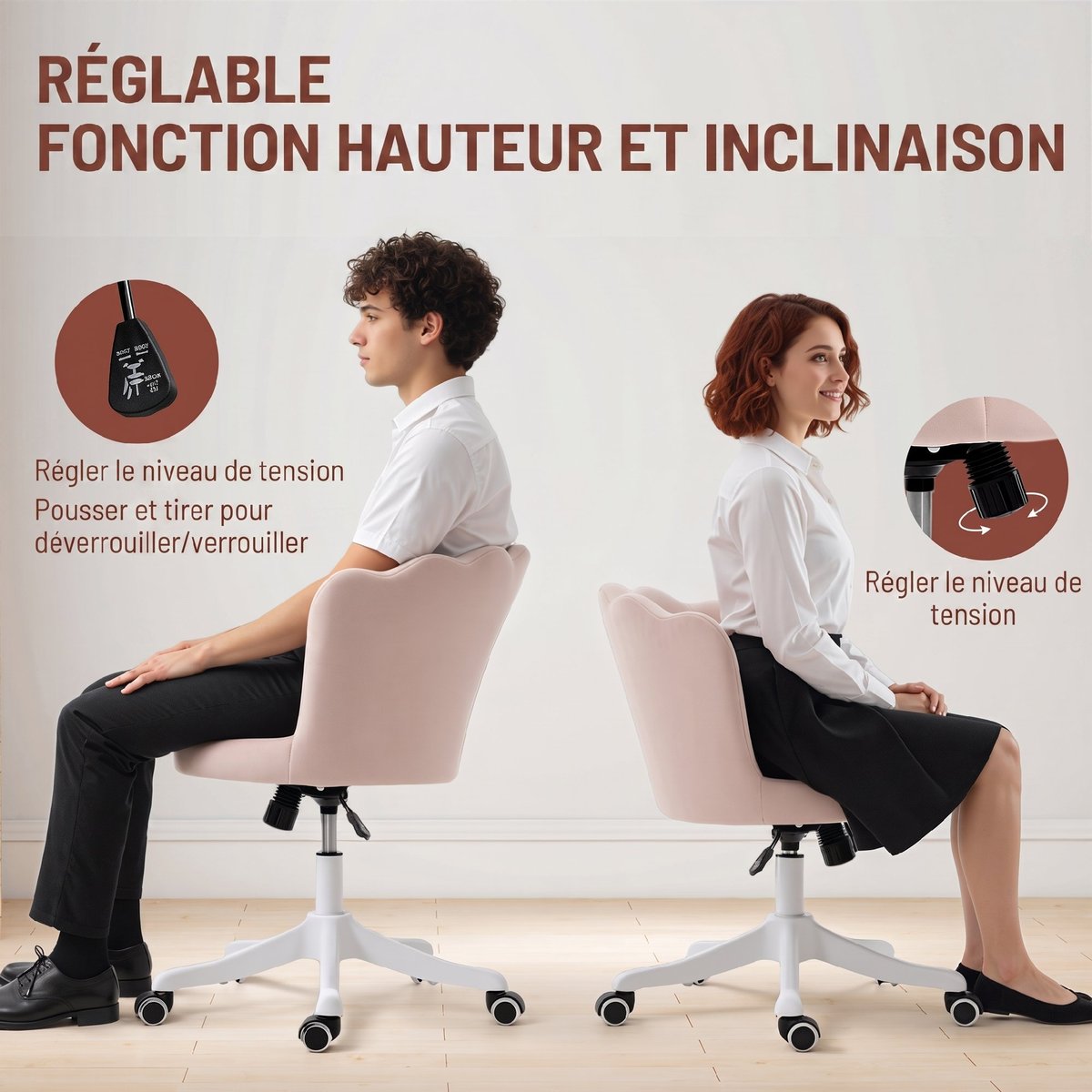 Chaise de bureau Velours (100% polyester) rose et blanc, HOMCOM