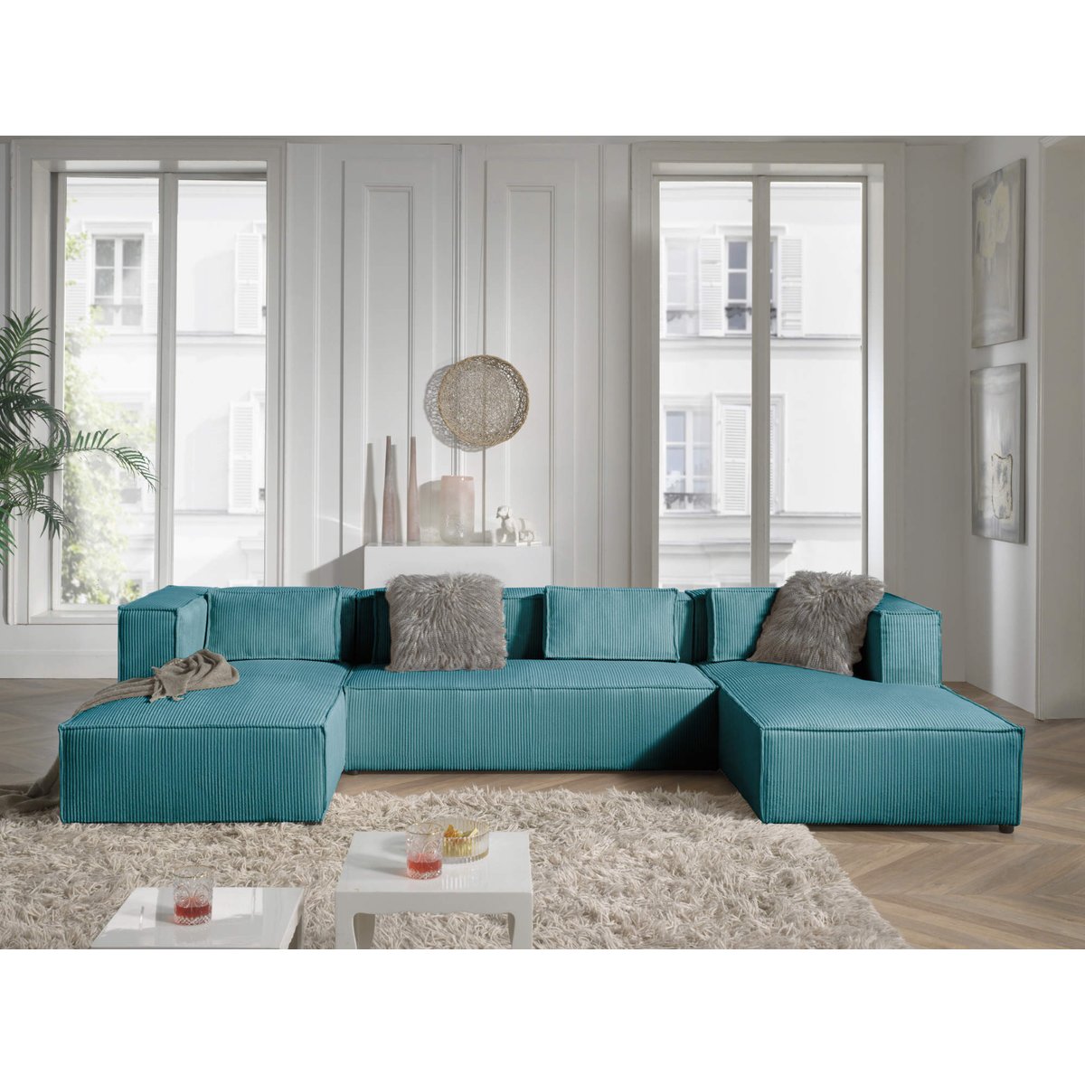 Canapé Panoramique 7 places - STELLA bleu canard, BEST MOBILIER