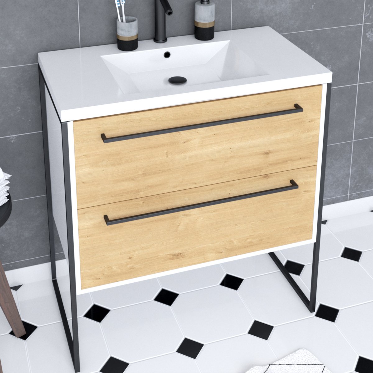 Pack meuble à 2 tiroirs vasque et miroir simple blanc, HOME MAISON