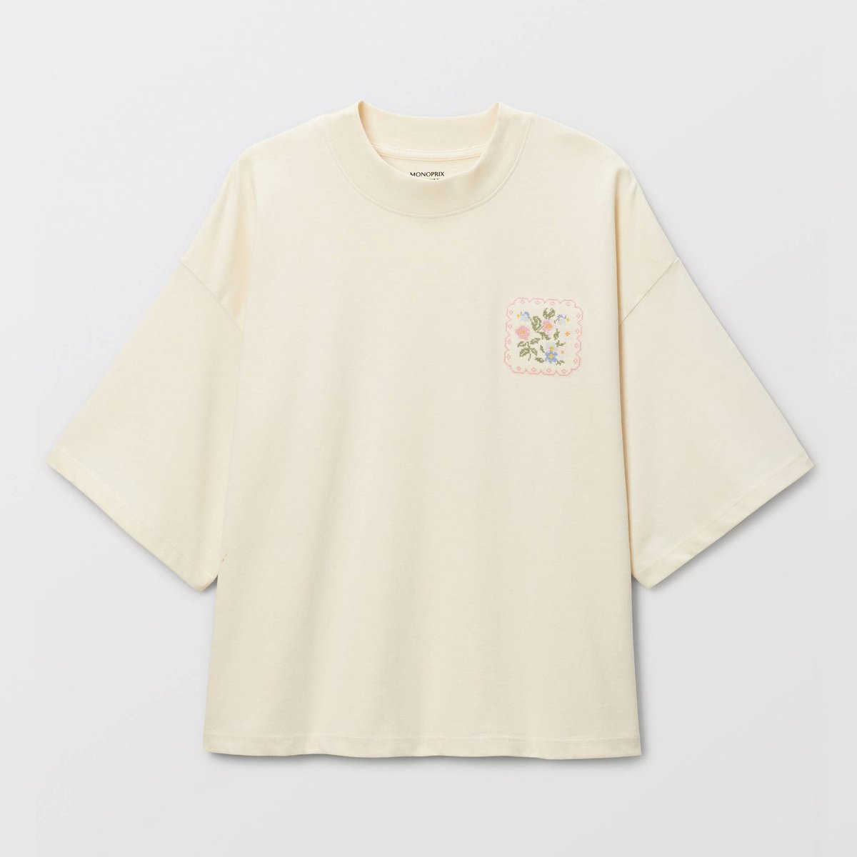 T-shirt à manches courtes avec broderie placée en coton BIO GOTS butter cream, MONOPRIX