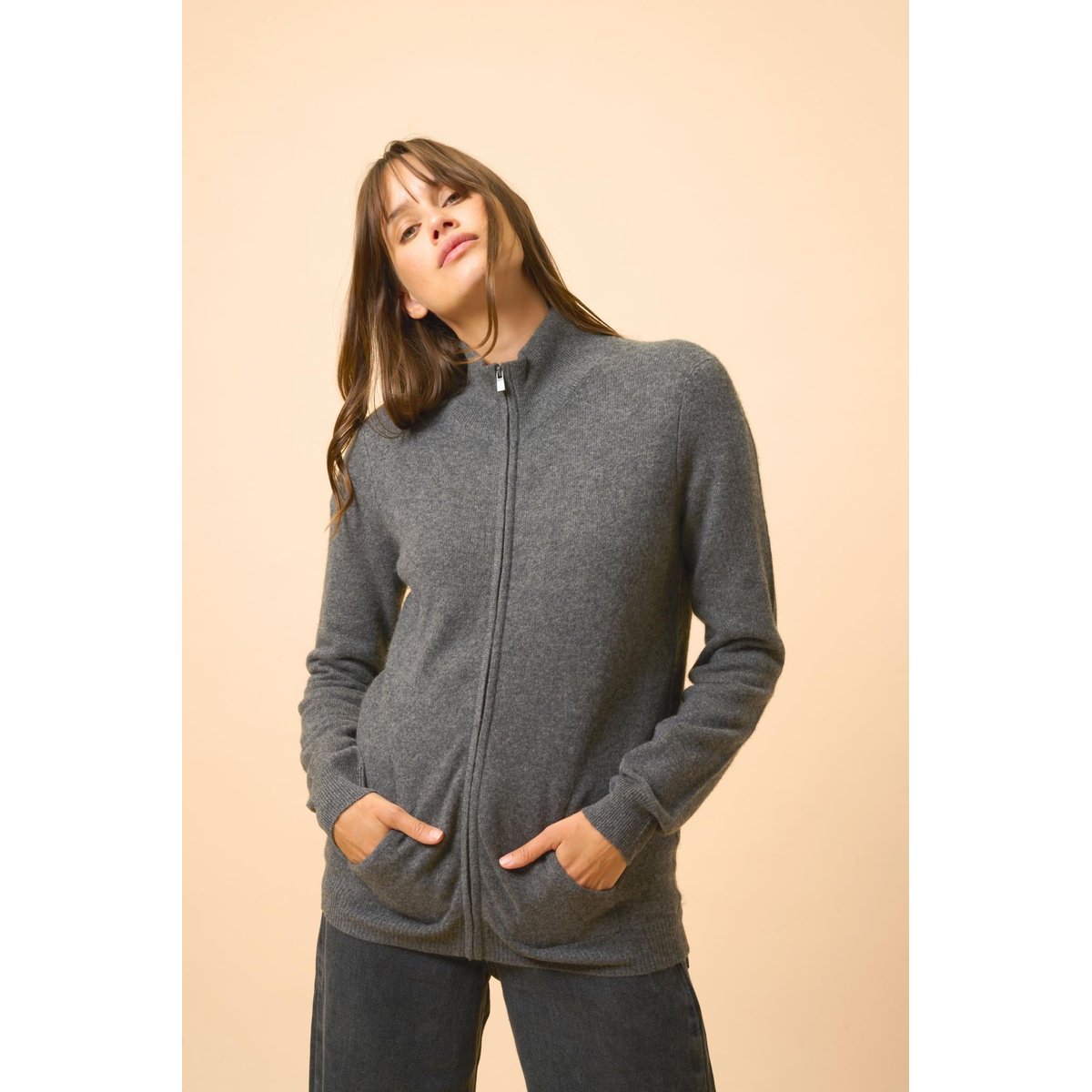Gilet Zippé Col Montant Anthracite Chiné Ayr gris anthracite chiné, JUST CASHMERE