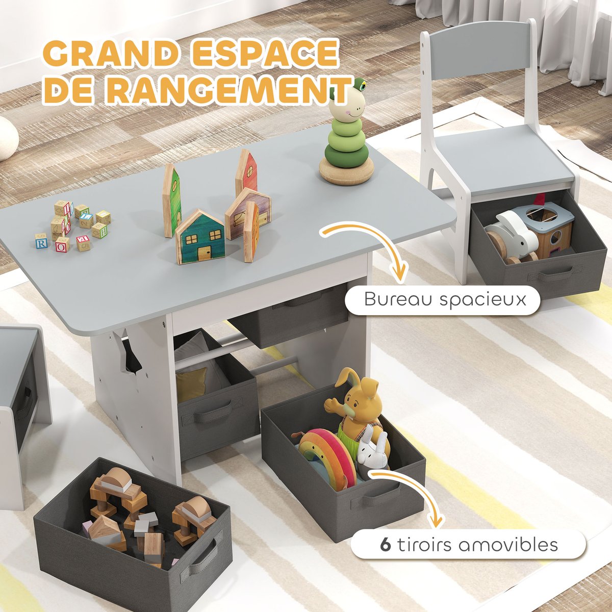 Ensemble table et chaises pour enfants MDF gris clair, gris foncé, blanc, AIYAPLAY