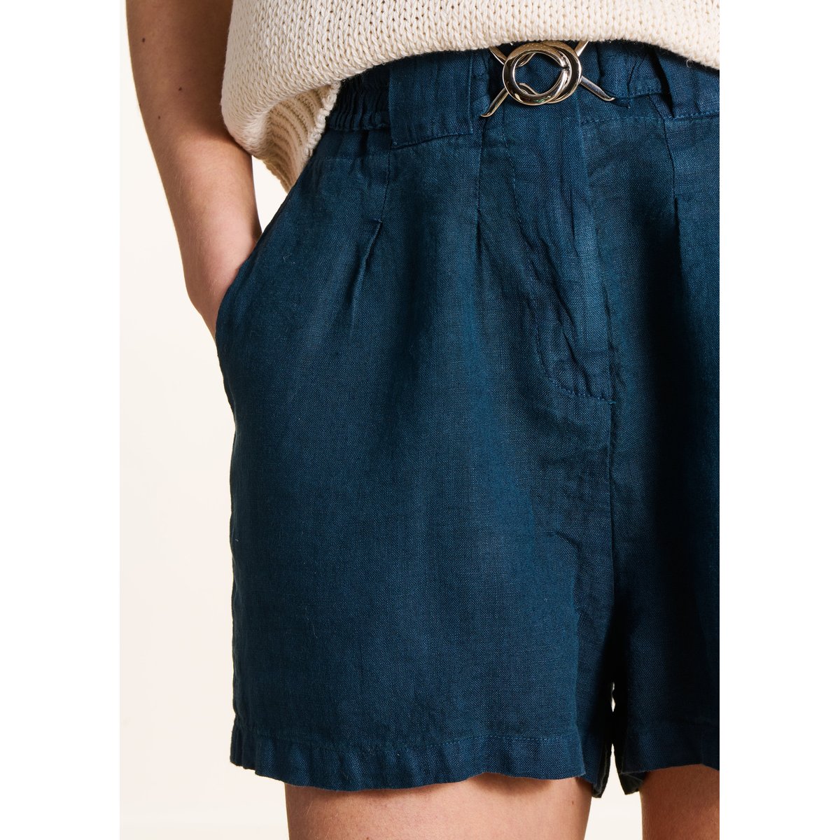 Short large en lin ceinturé petrole, LA FEE MARABOUTEE