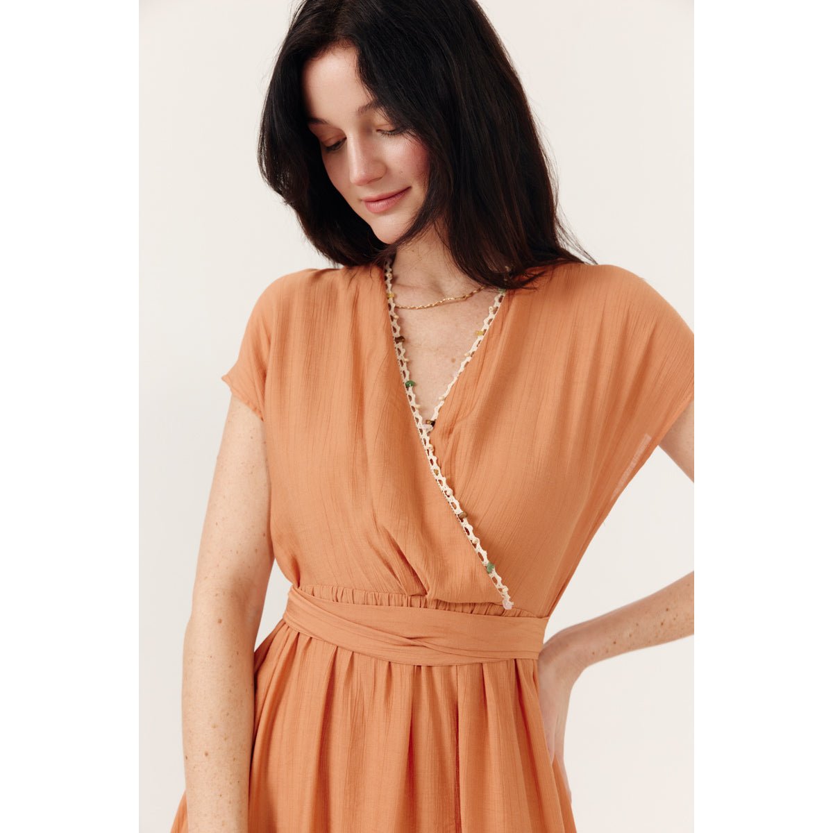 Robe longue cache-cœur manches courtes Calinea terracotta, ARTLOVE