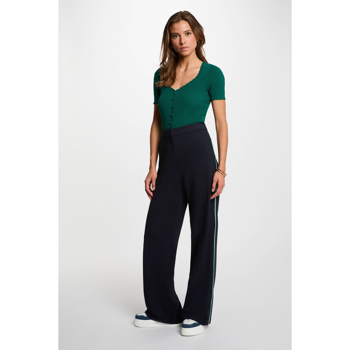 Pantalon large bandes côtés bleu marine, MORGAN