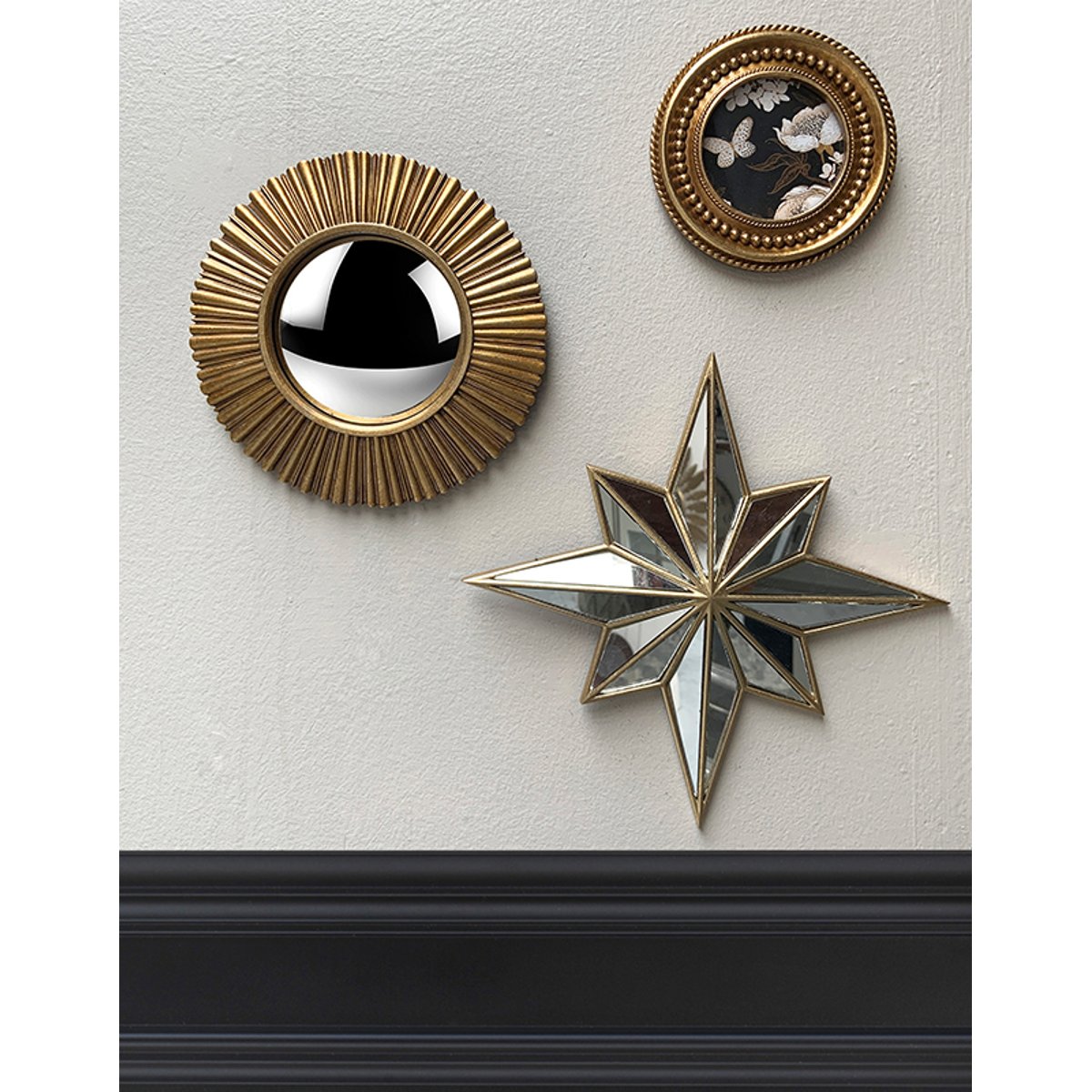Lot étoile, miroir convexe et cadre perle or, EMDE