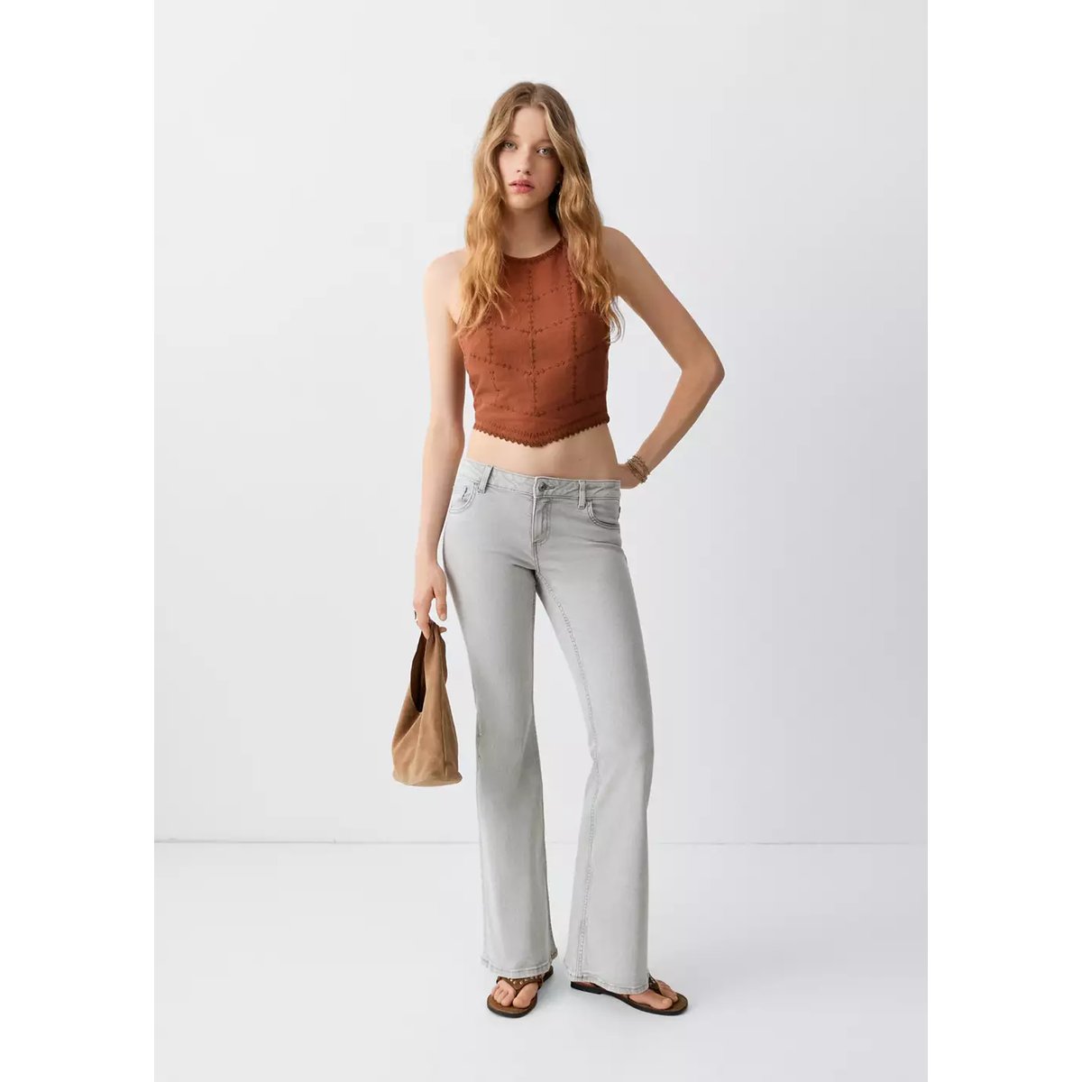 Jean low waist flare gris denim, MANGO TEEN