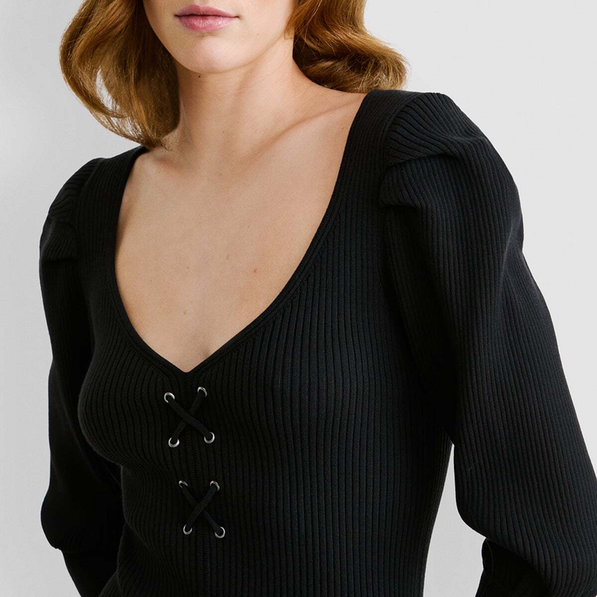 Robe Courte Côtelée À Col En V noir, PEPE JEANS