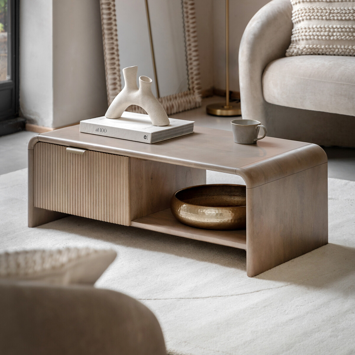 Corven Fluted Mango Wood 1 Drawer Coffee Table wood, SO'HOME