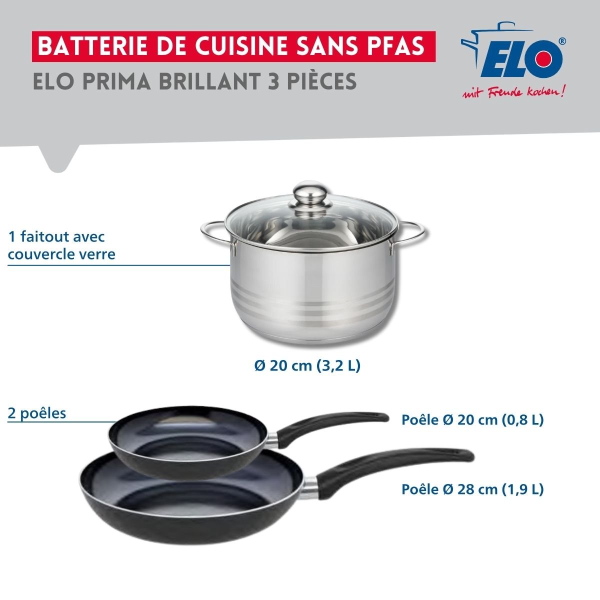 Batterie 2 poêles 20/28cm + 1 faitout 20cm PRIMA BRILLANT noir, ELO