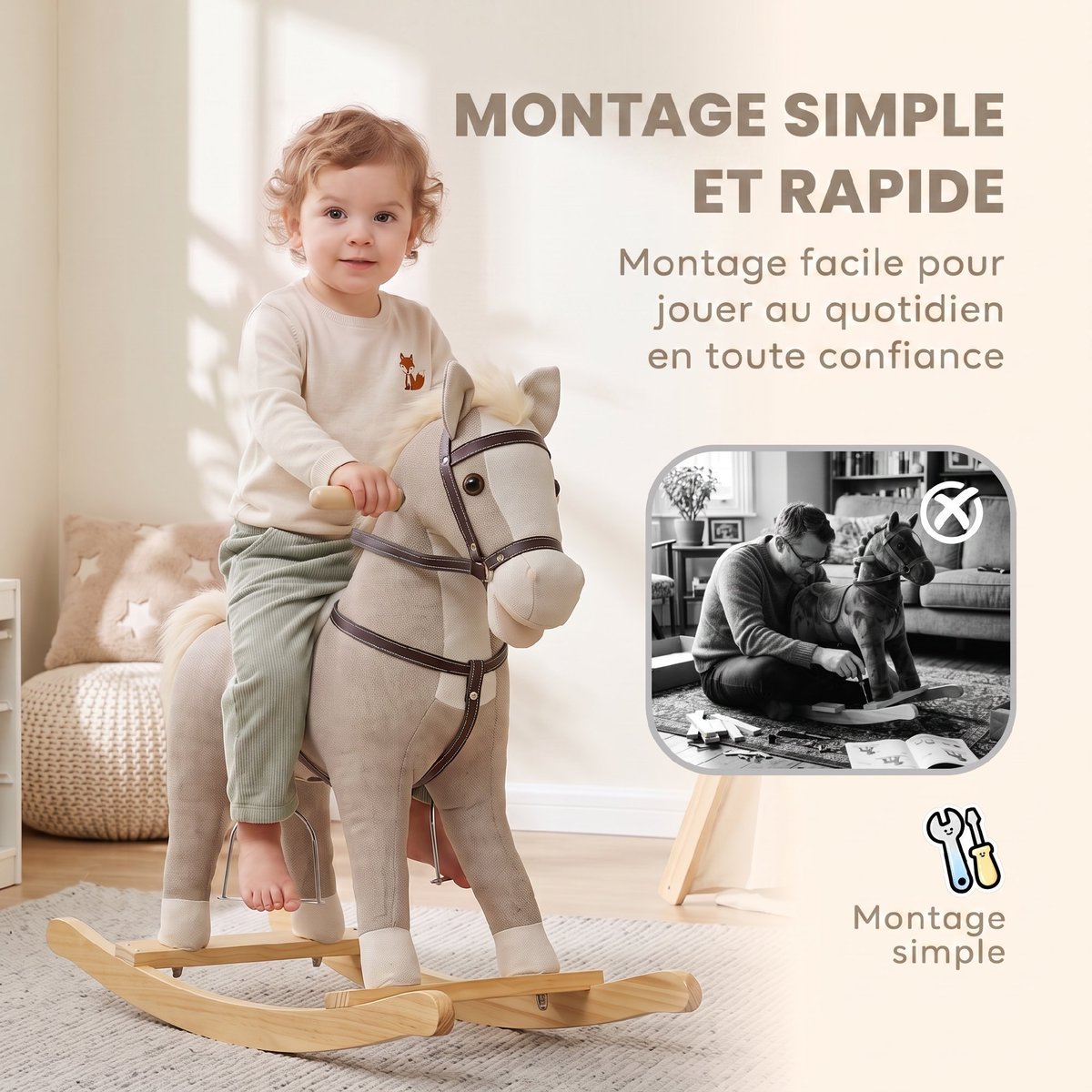 Cheval à bascule pour enfants Tissu aspect gris, AIYAPLAY