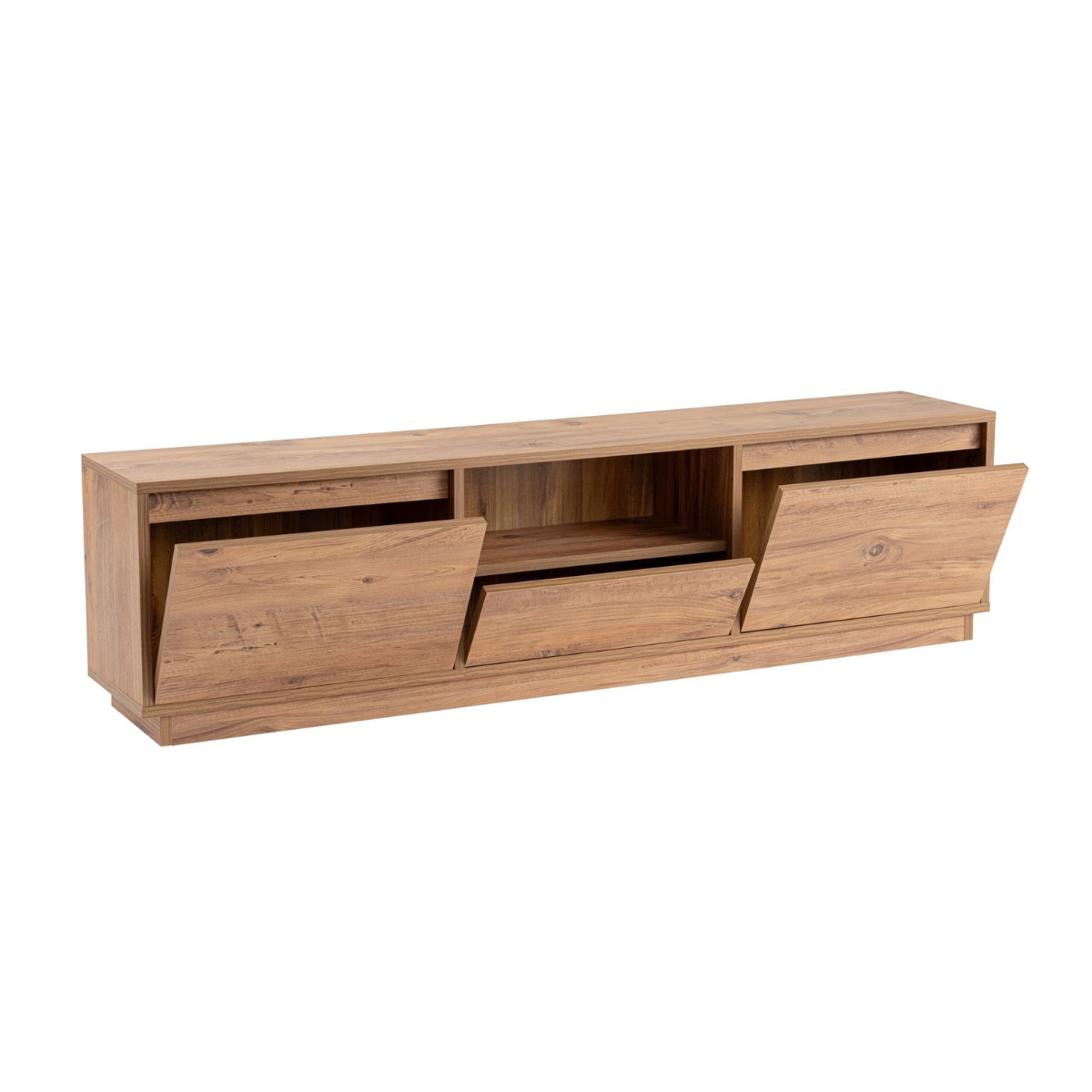 Meuble TV 3 portes rabattables et 1 niche ouverte L160 cm - VANGUARD pin atlantique, CALICOSY