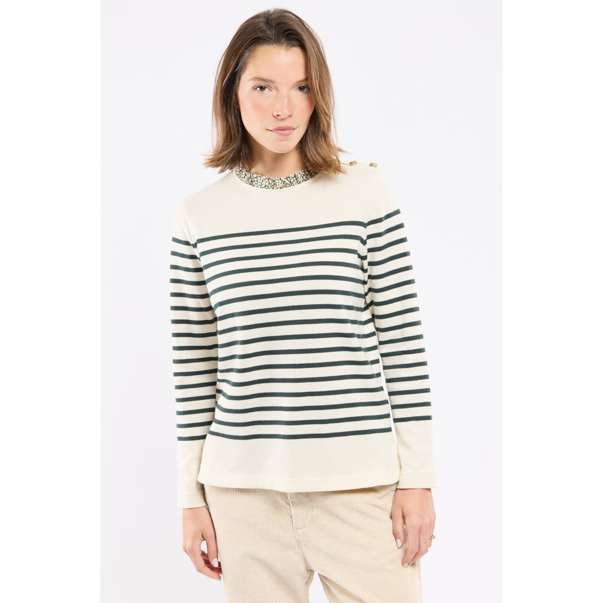 Marinière col fleuri - coton rustique nature/otranto imp.feather, ARMOR-LUX