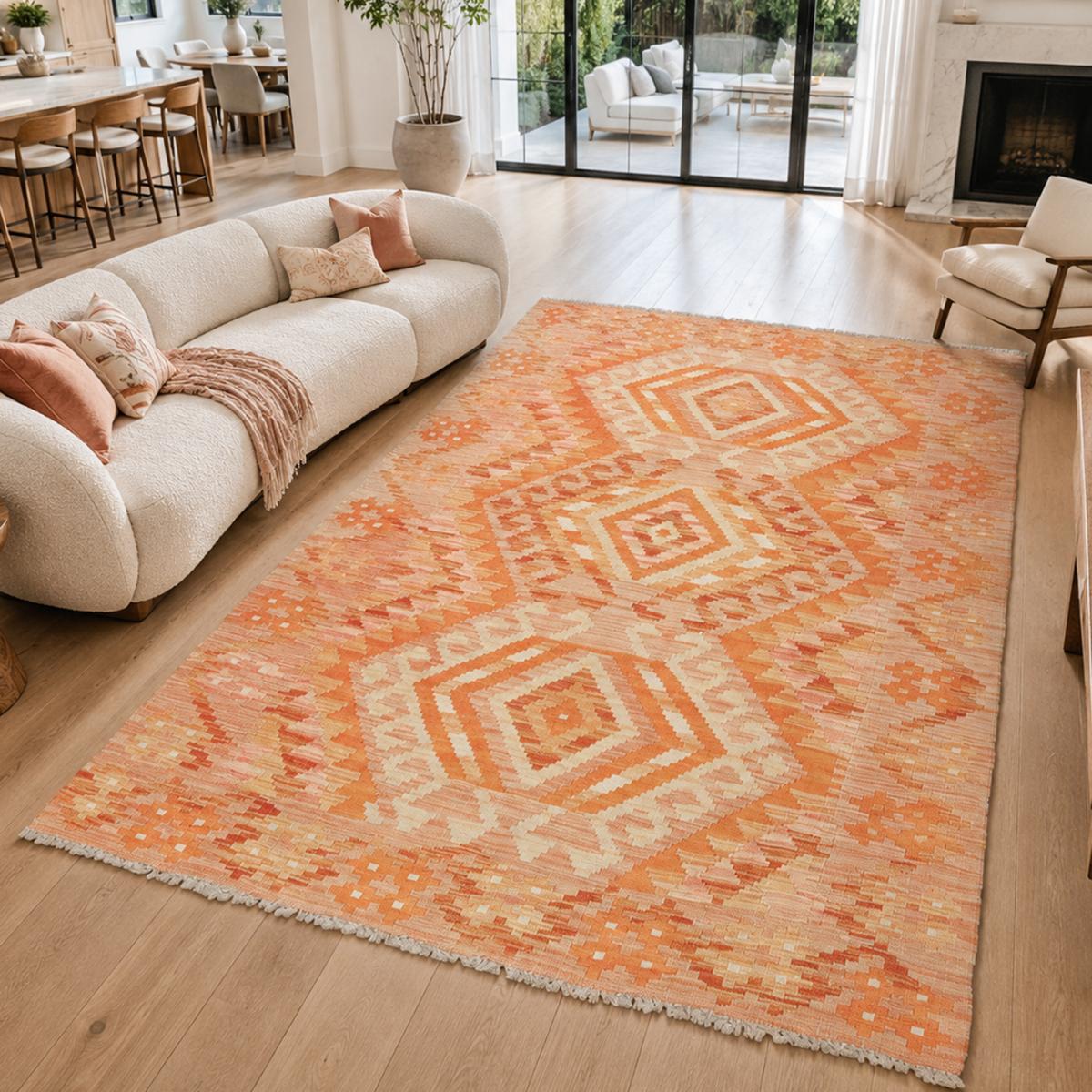 Tapis kilim géométrique, tissé plat en laine, KILIM 58 orange, beige, rouge, UN AMOUR DE TAPIS