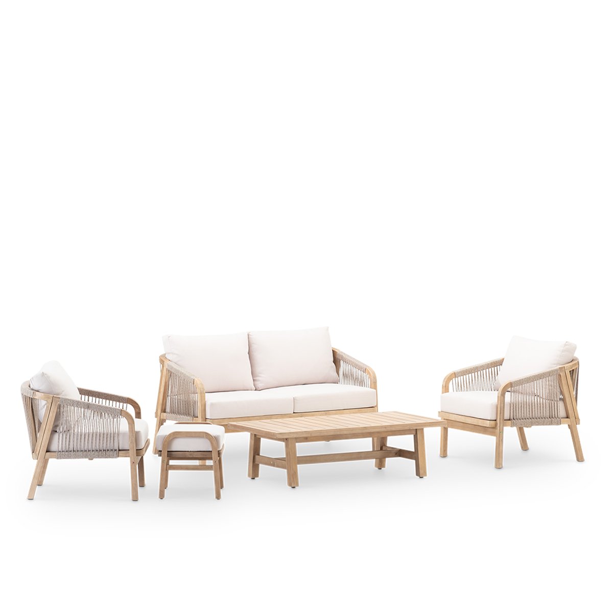 Salon de jardin 4 places en bois, pouf, SIENA structure en bois couleur clair, corde beige-marron, coussin beige, DEFORA HOME