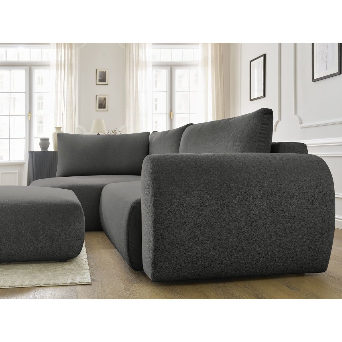 Canapé d'angle convertible 4 places en tissu lisse avec pouf, LUCIEN gris foncé, BOBOCHIC