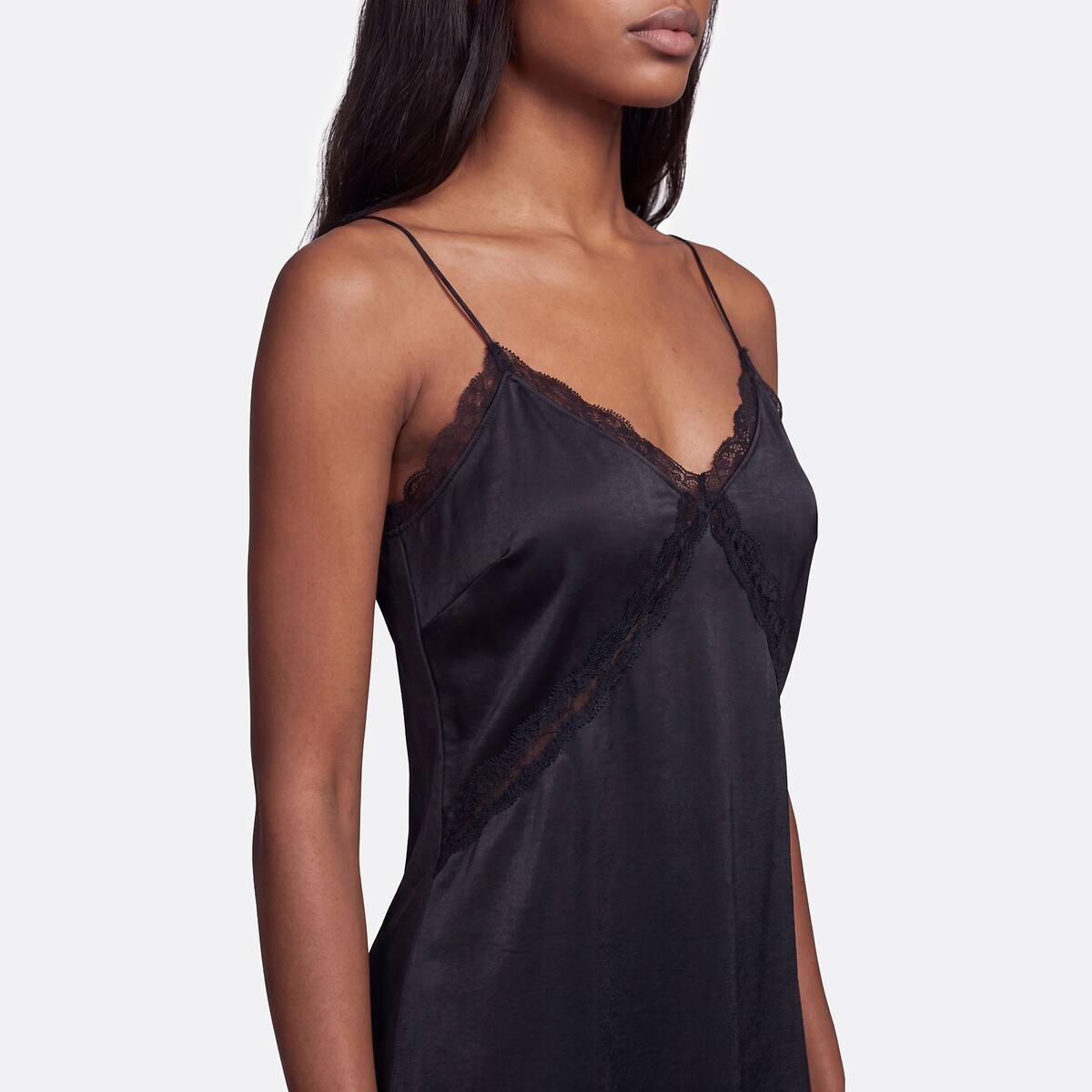 Robe longue en satin à fines bretelles et dentelle noir, LA REDOUTE COLLECTIONS