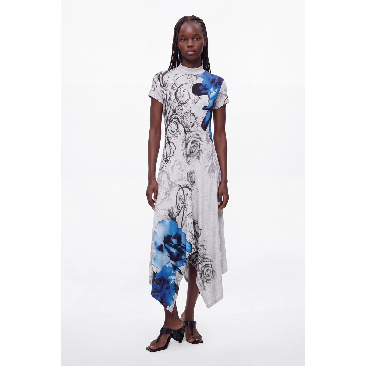 robe midi à encolure américaine imprimée gris, DESIGUAL