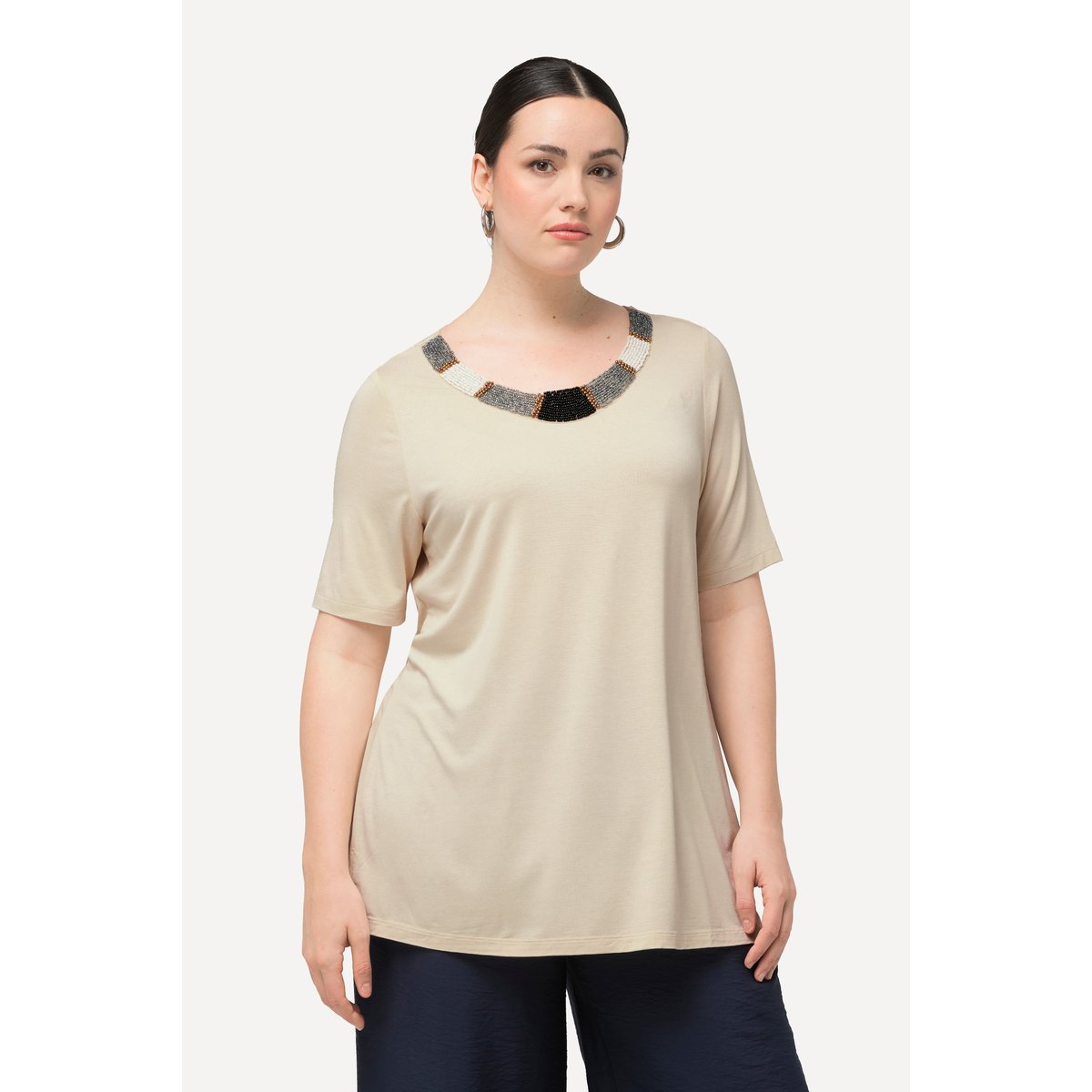T-shirt à col rond et manches courtes. gris beige, ULLA POPKEN