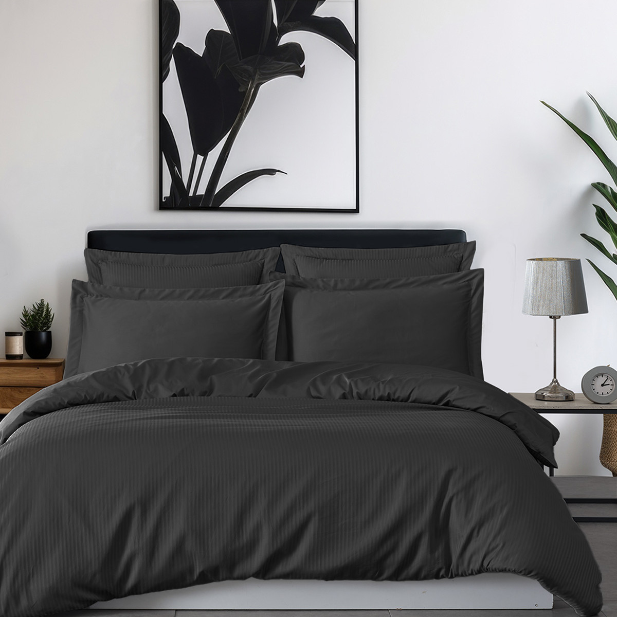 Parure housse de couette rayée satin + 2 taies 50x70 cm VERSALUXE anthracite, SENSEI MAISON