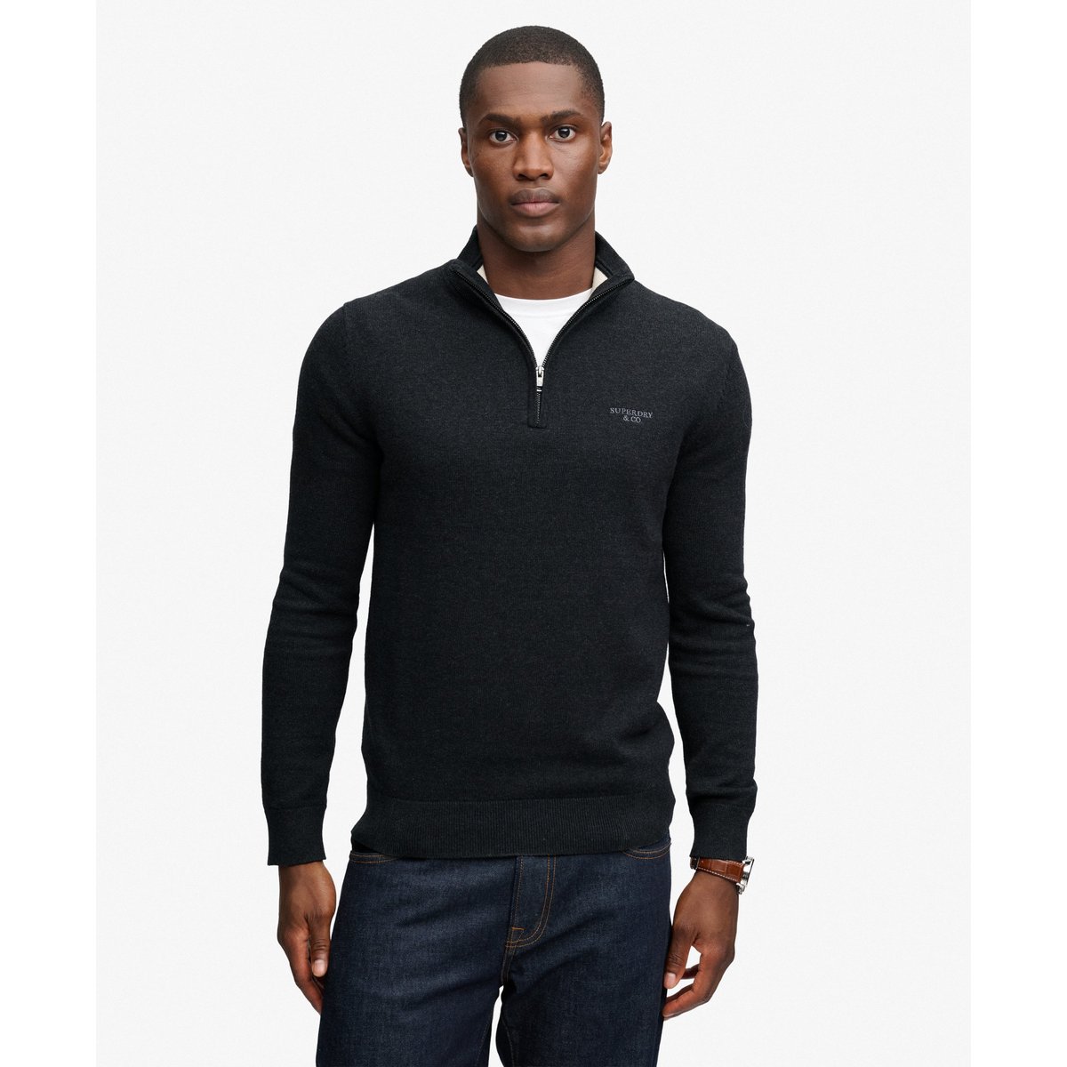 Pull Prep Essential Half Zip coupe ajustée anthracite chiné, SUPERDRY