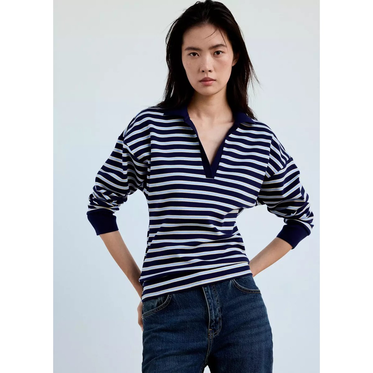 Pull-over rayures col polo bleu ciel, MANGO