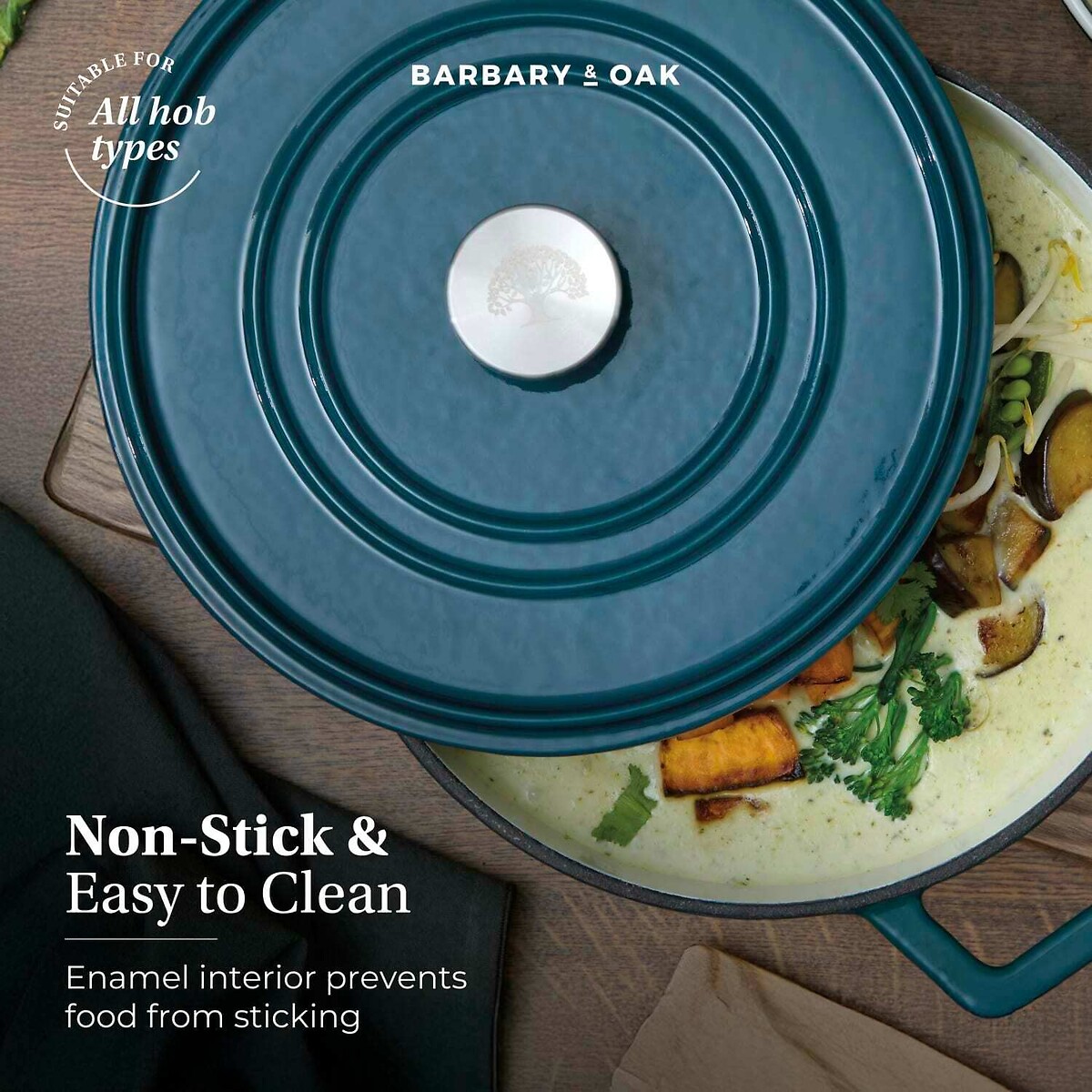 24cm Nattura Round Cast Iron Casserole Dish teal, BARBARY & OAK