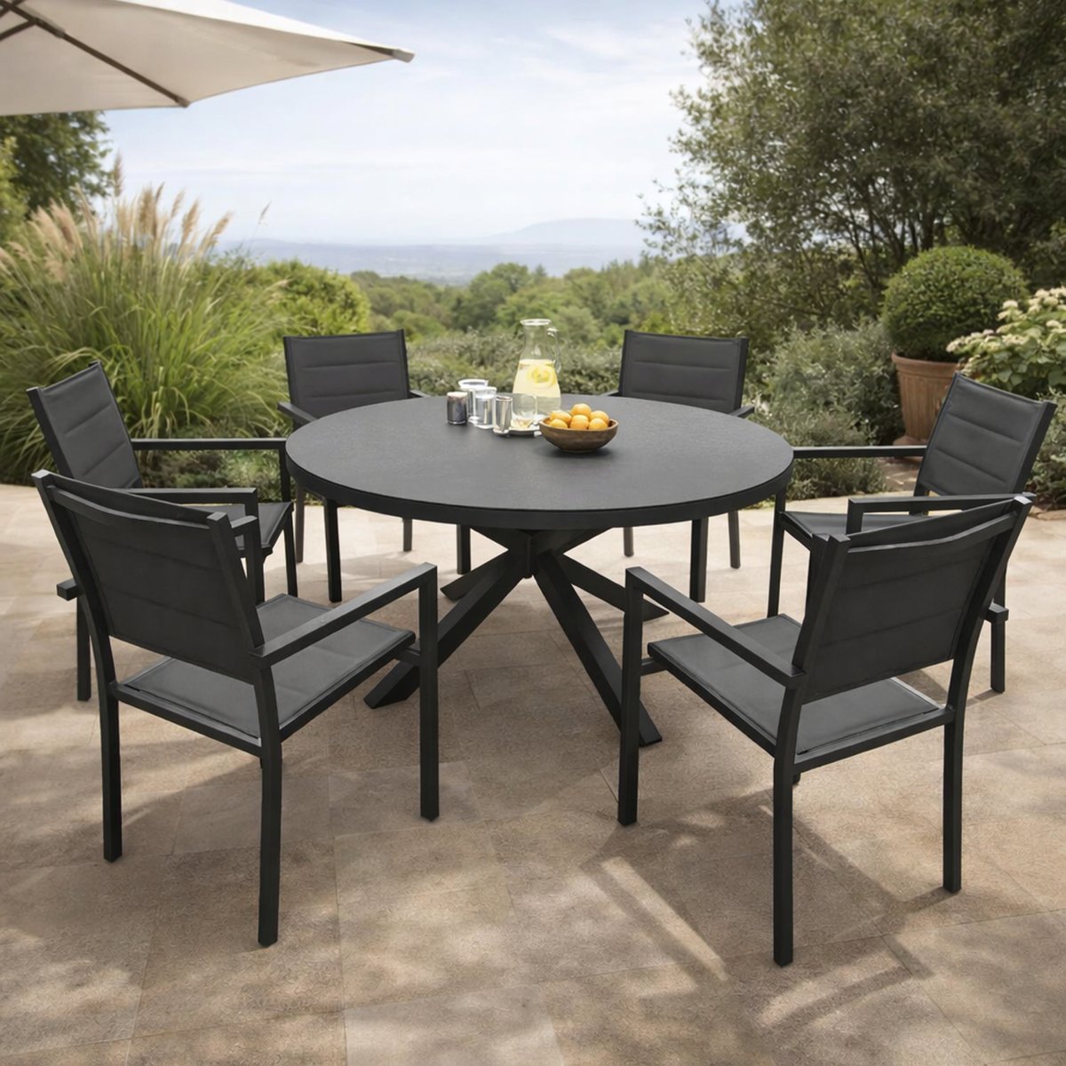 Salon de jardin en textilène, 6 pl, GIALOVA gris anthracite, gris, gris anthracite, HAPPY GARDEN