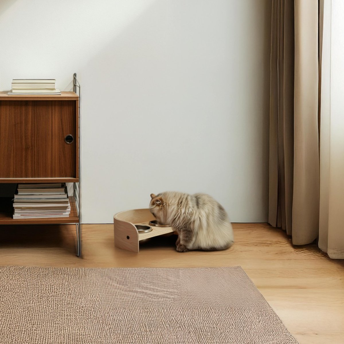 Gamelle double pour chat en bois, CARROUSEL bois clair, BAGANE