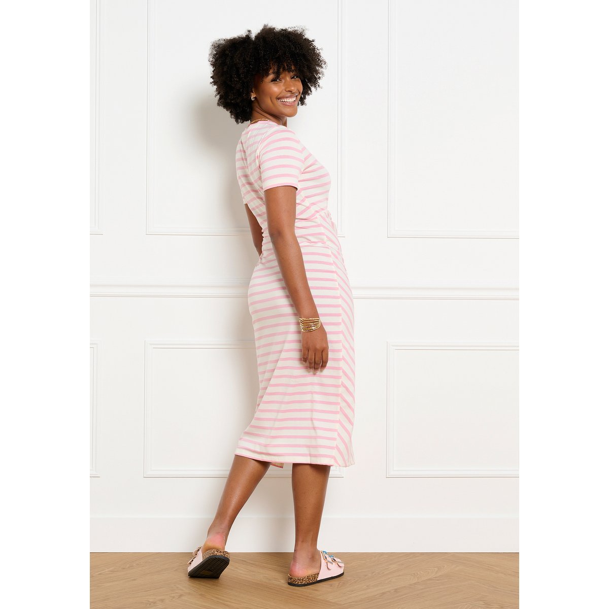 Robe midi jersey rayée nouée rose clair, LOLALIZA