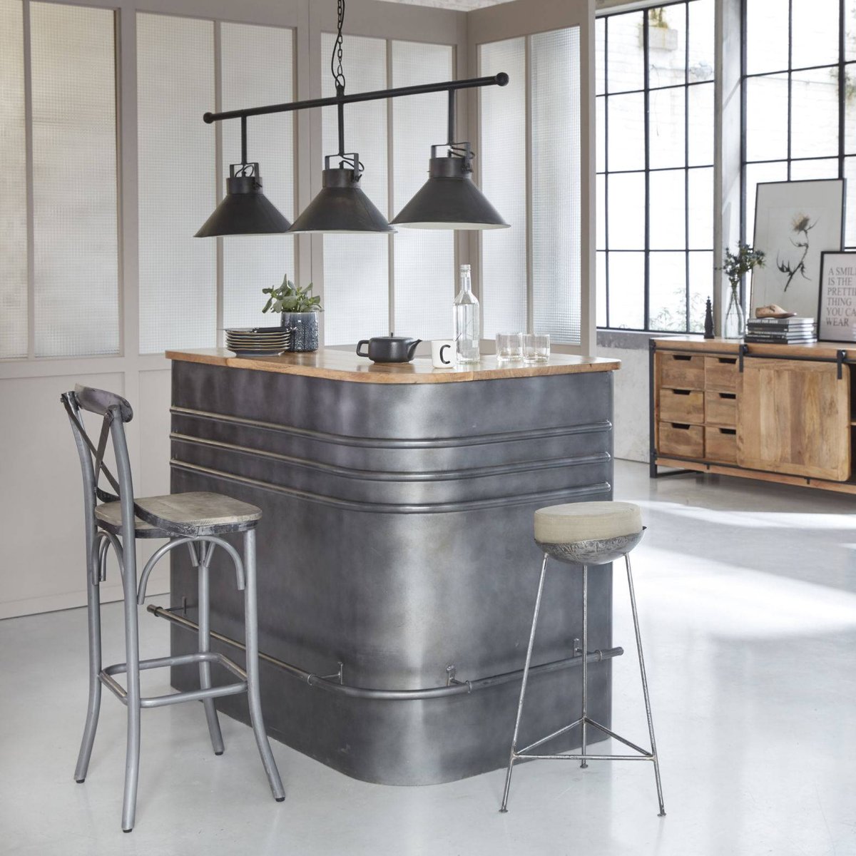 Meuble bar en angle en métal LOCKER gris, MADE IN MEUBLES