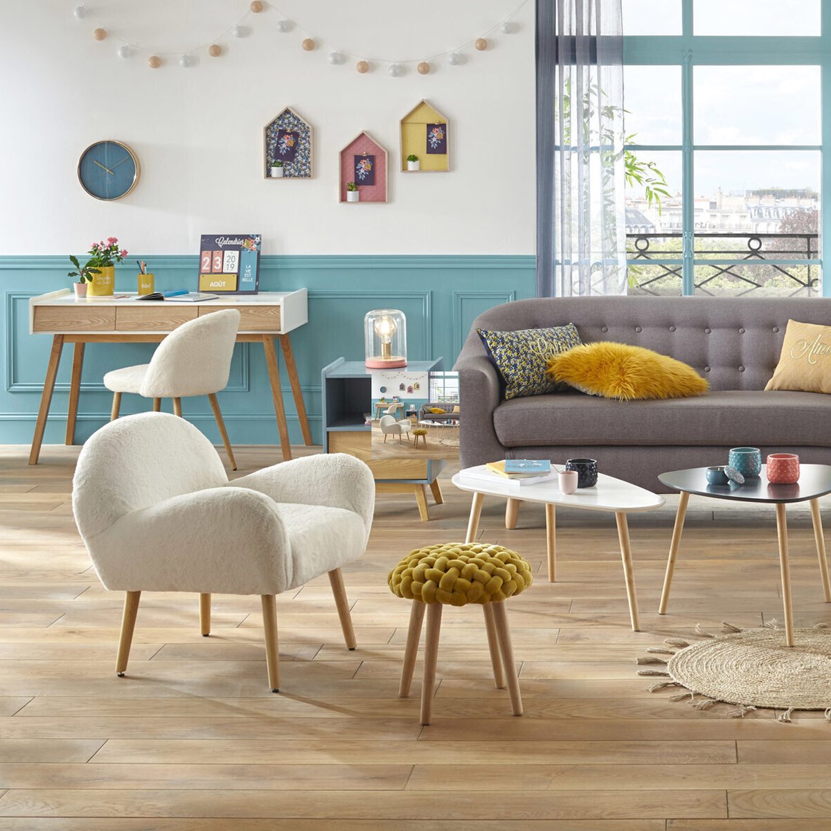 Tabouret en tricot design scandinave COSY ocre, ATMOSPHERA