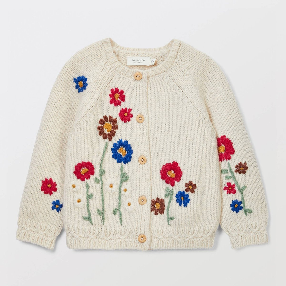 Cardigan tricot brodé contenant de la laine naturel, BOUT'CHOU
